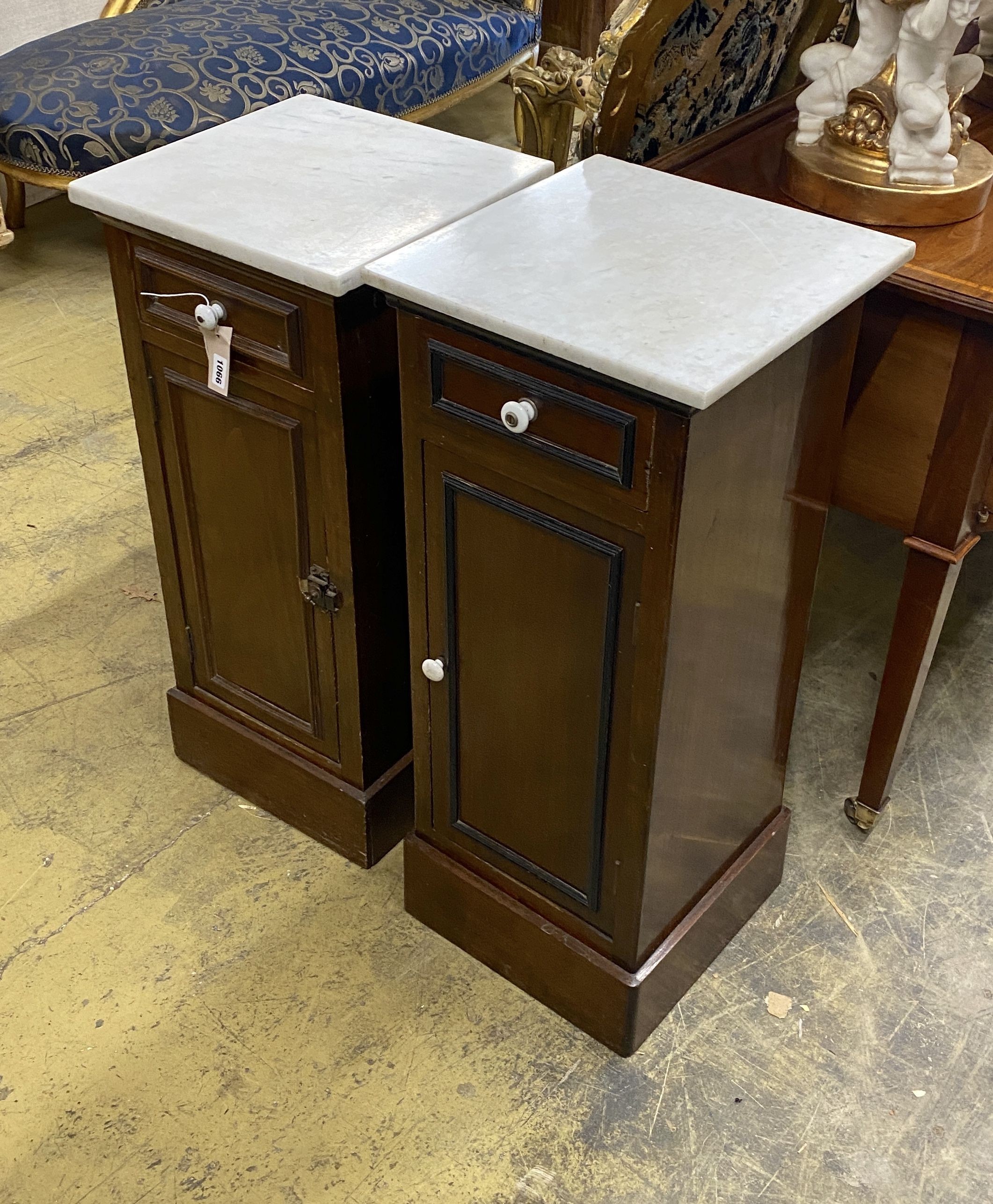 A near pair of late 19th century French marble topped bedside cabinets, width 35cm, depth 35cm, height 82cm